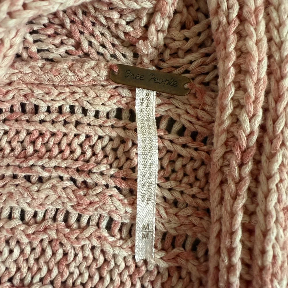 Free People Open Front Knit Cardigan Sweater Size M Pink Cream Boho Casual - Picture 6 of 9